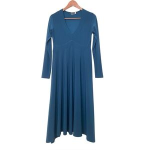 Sympli Dress 6 Asymmetric Long Sleeve Slinky Midi V-Neck Teal Fit Flare Travel